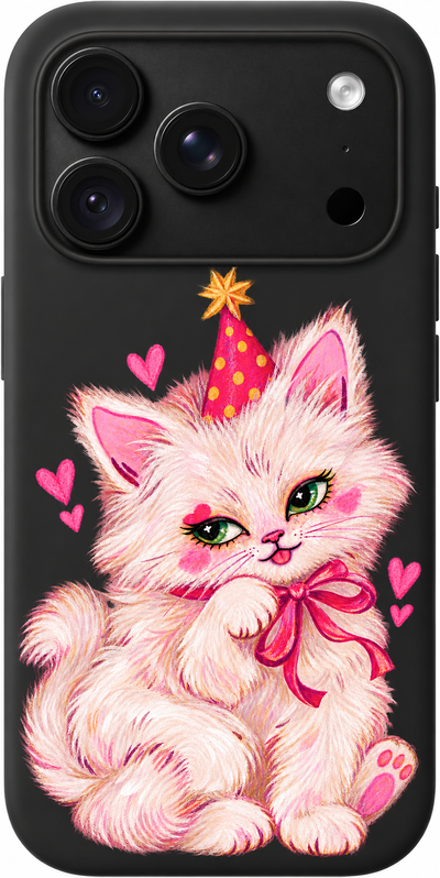 Carnival Kitty iPhone case design preview in Black. Model-specific fit and camera openings vary.