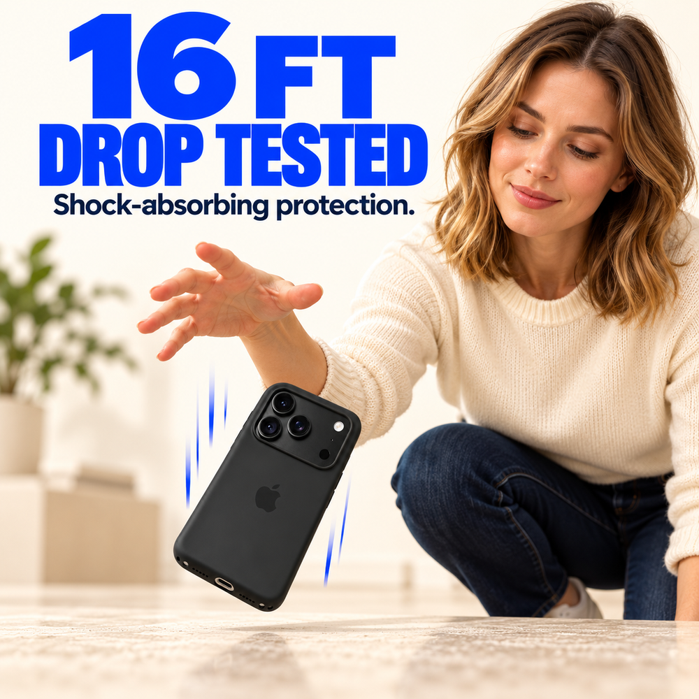 White adult woman demonstrating a black-cased phone drop. AI-generated illustrative feature demonstration.