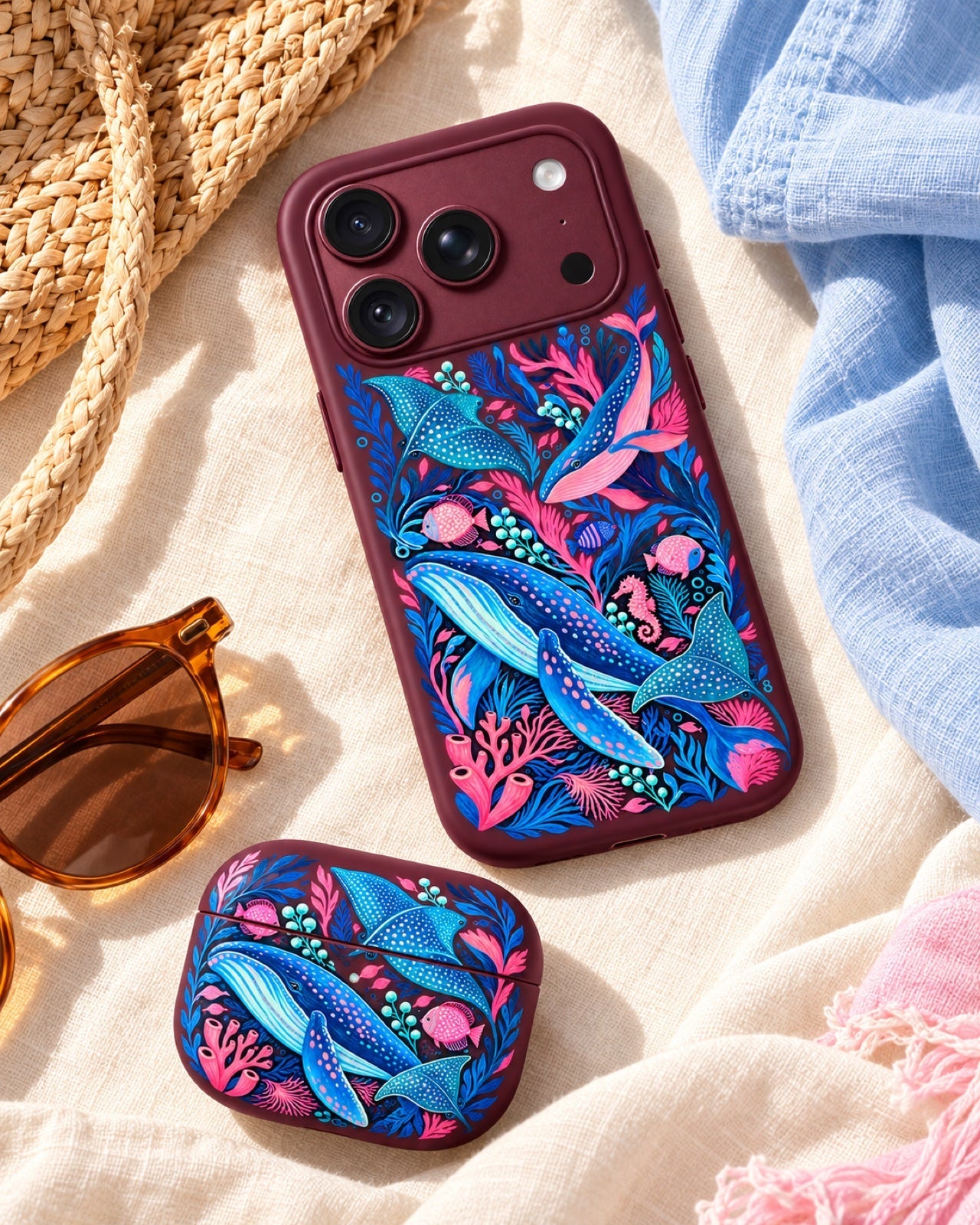 Ocean Reverie phone case and matching AirPods case with a beach tote