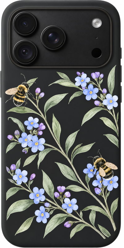 Forget Me Bloom iPhone case design preview in Black. Model-specific fit and camera openings vary.