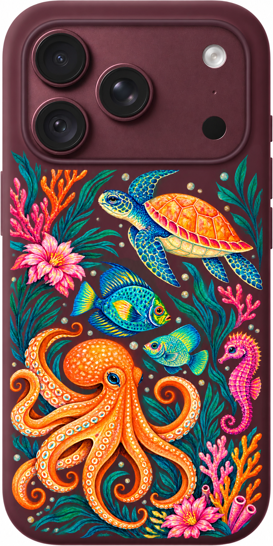 Coral Carnival iPhone case design preview in Burgundy. Model-specific fit and camera openings vary.