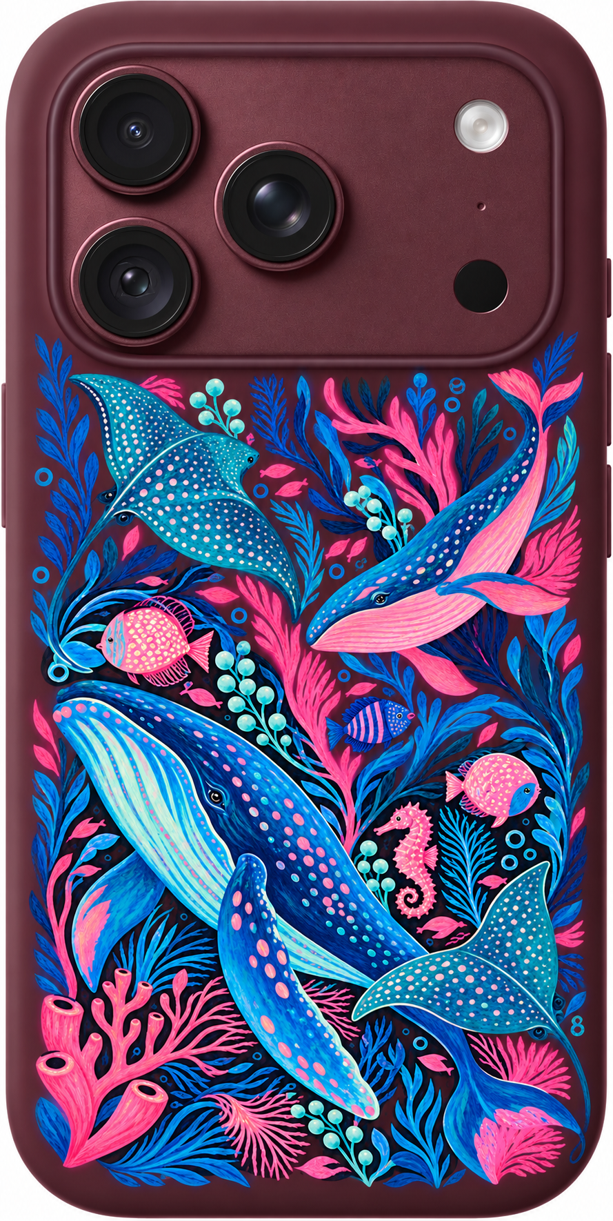 Ocean Reverie iPhone case design preview in Burgundy. Model-specific fit and camera openings vary.