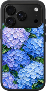 Moonlit Hydrangea iPhone case design preview in Black. Model-specific fit and camera openings vary.