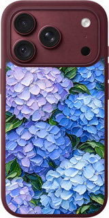 Moonlit Hydrangea iPhone case design preview in Burgundy. Model-specific fit and camera openings vary.