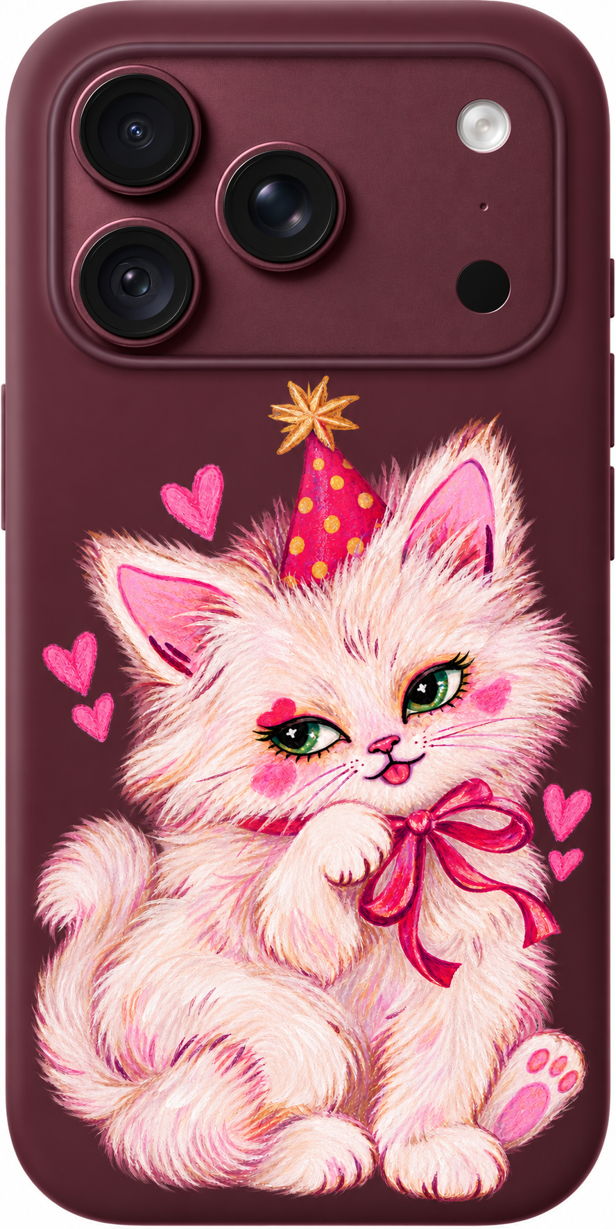 Carnival Kitty iPhone case design preview in Burgundy. Model-specific fit and camera openings vary.