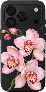 Orchid Reverie iPhone case design preview in Black. Model-specific fit and camera openings vary.