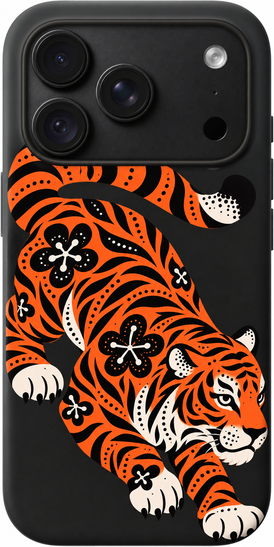 Tiger Roam iPhone case design preview in Black. Model-specific fit and camera openings vary.