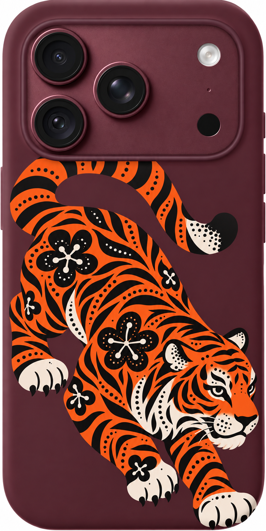 Tiger Roam iPhone case design preview in Burgundy. Model-specific fit and camera openings vary.