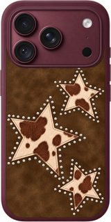 Cowhide Stardust iPhone case design preview in Burgundy. Model-specific fit and camera openings vary.