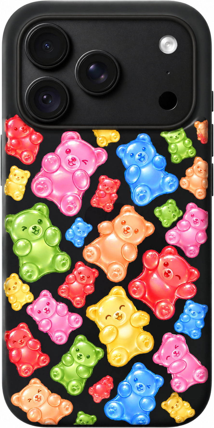 Jelly Bear Parade iPhone case design preview in Black. Model-specific fit and camera openings vary.