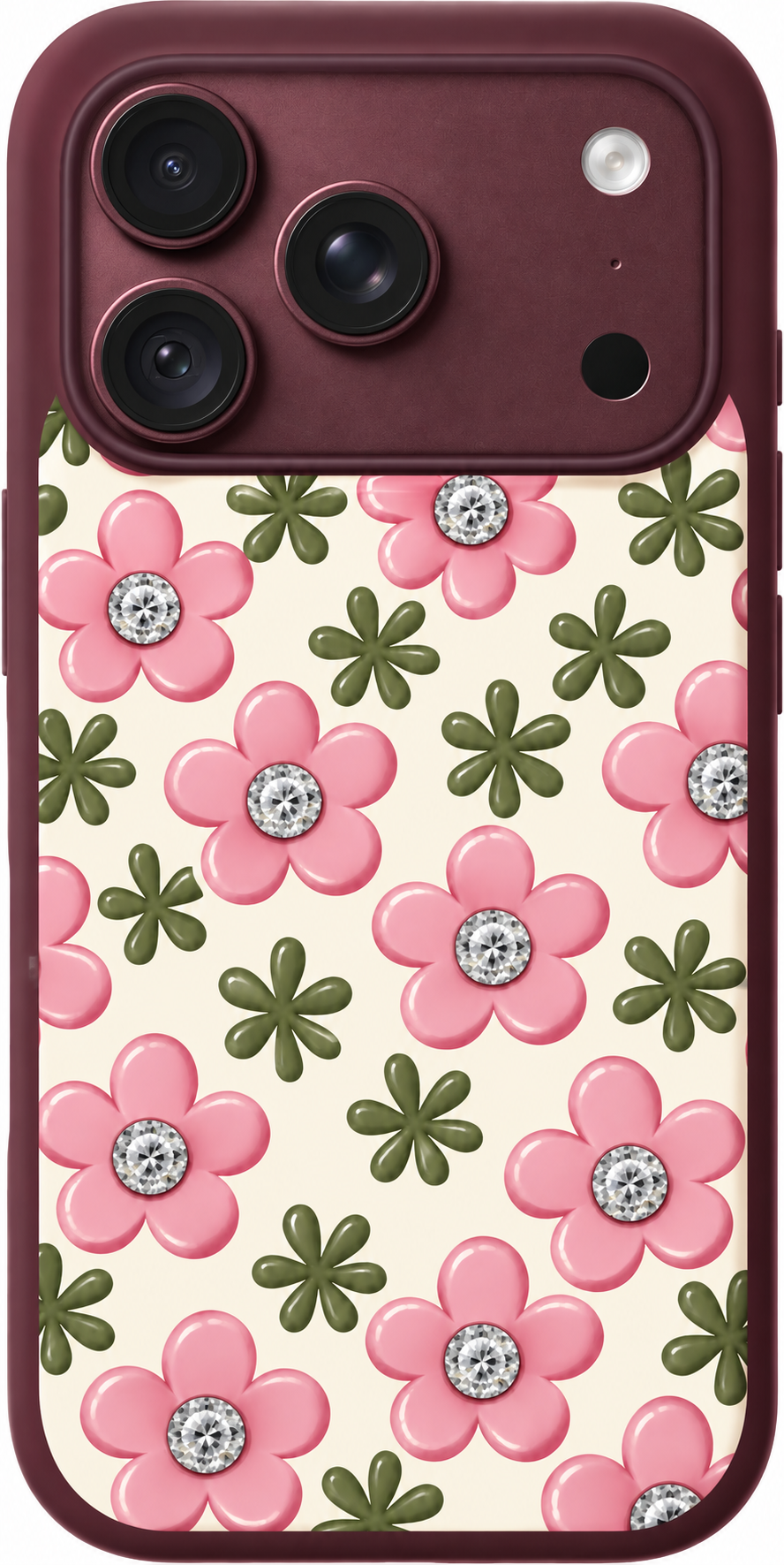 Crystal Petal Pink iPhone case design preview in Burgundy. Model-specific fit and camera openings vary.