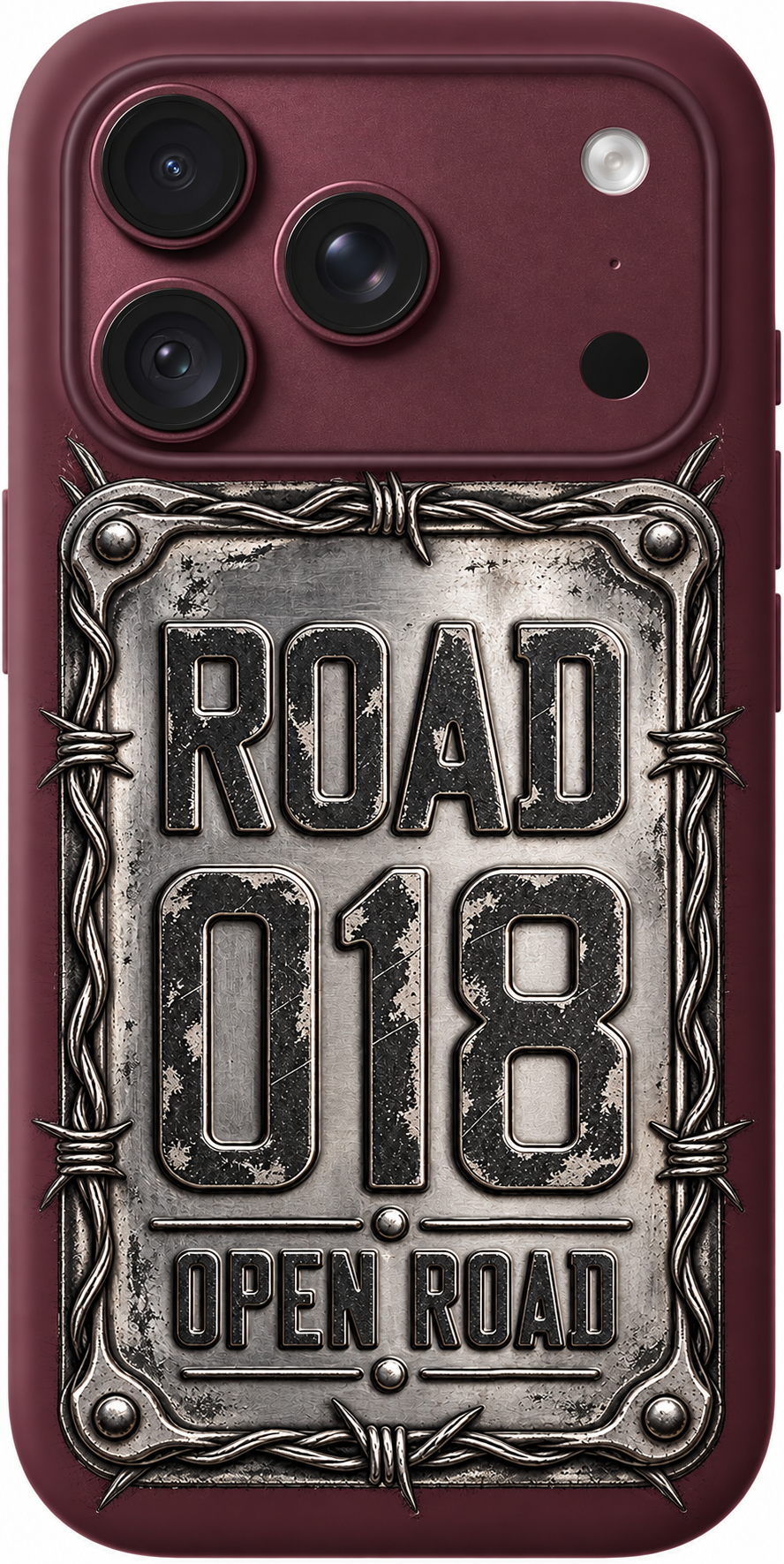 Roadside Relic iPhone case design preview in Burgundy. Model-specific fit and camera openings vary.