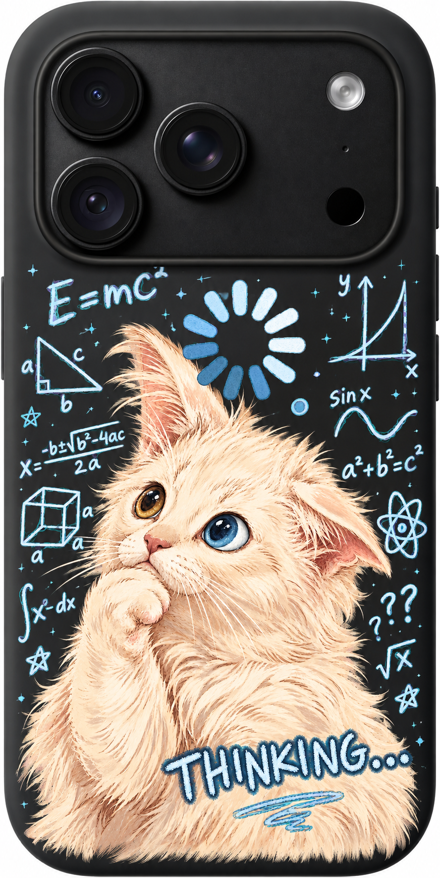 Thinking Kitty iPhone case design preview in Black. Model-specific fit and camera openings vary.