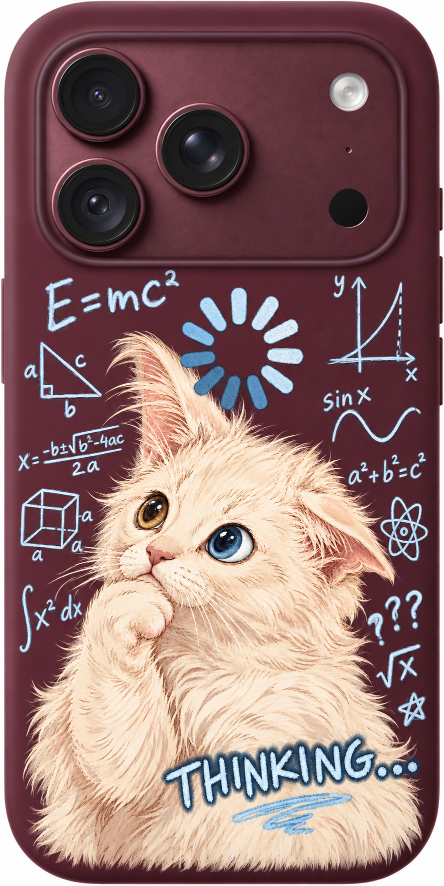 Thinking Kitty iPhone case design preview in Burgundy. Model-specific fit and camera openings vary.