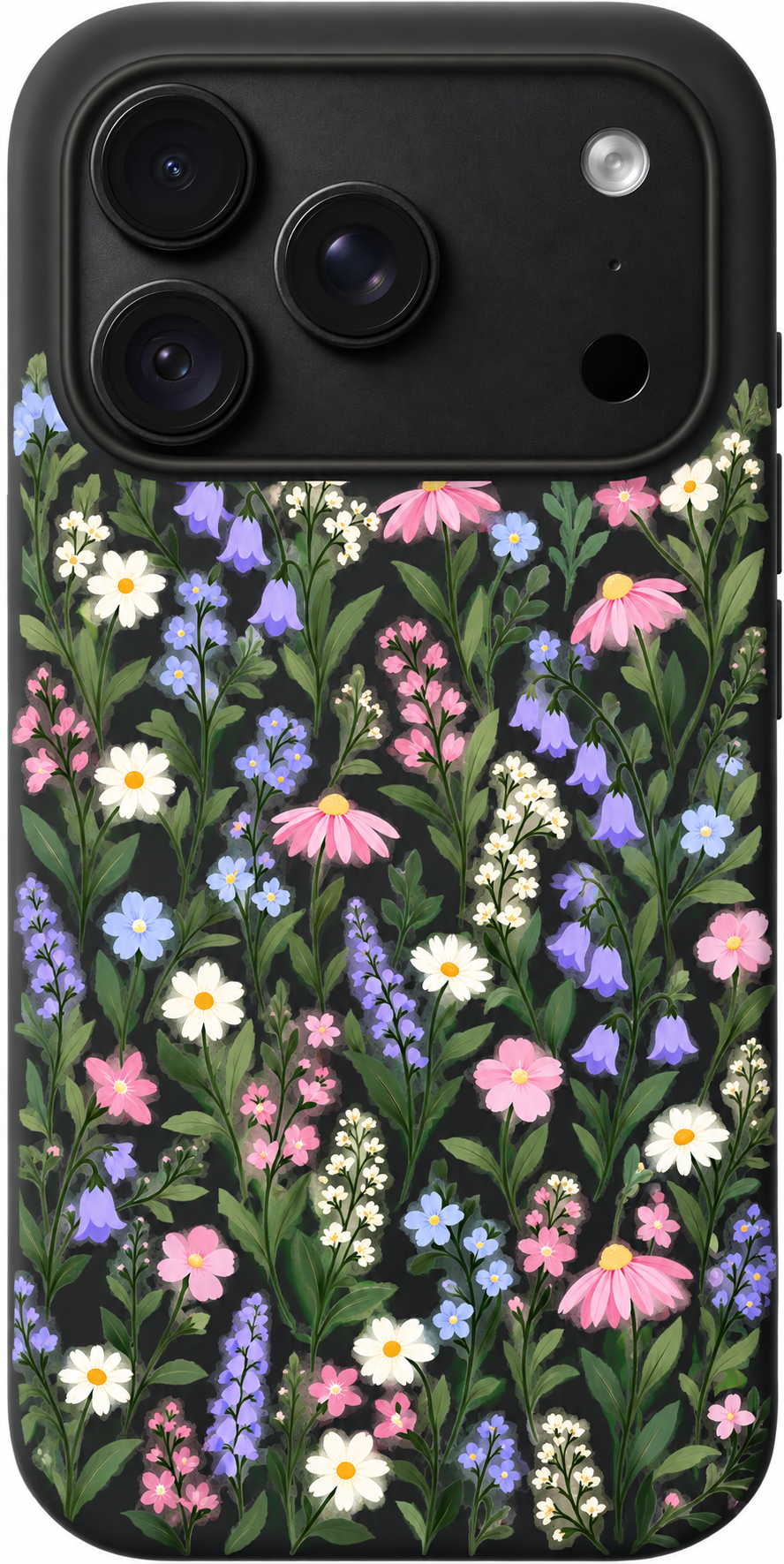 Pastel Meadow Whispers iPhone case design preview in Black. Model-specific fit and camera openings vary.
