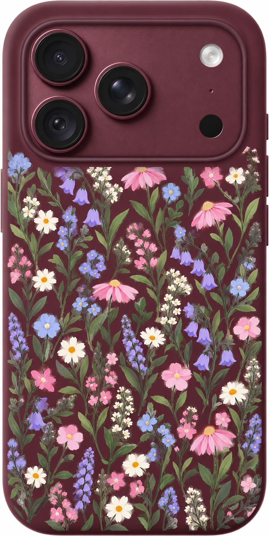 Pastel Meadow Whispers iPhone case design preview in Burgundy. Model-specific fit and camera openings vary.