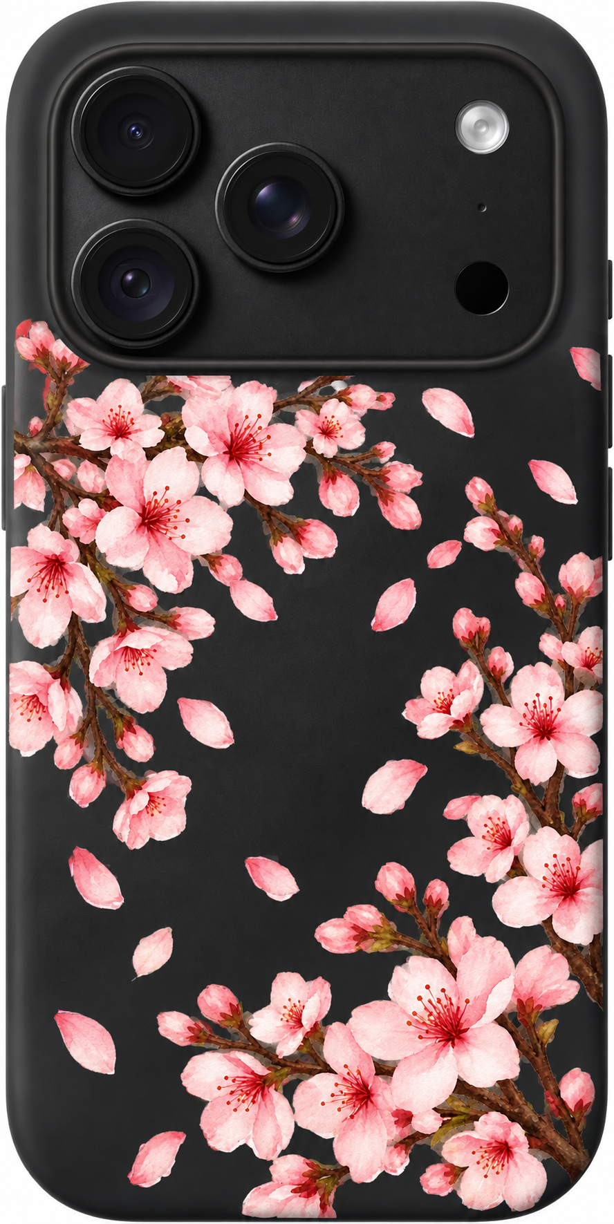 Cherry Blossom Drift iPhone case design preview in Black. Model-specific fit and camera openings vary.