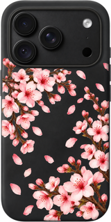 Cherry Blossom Drift iPhone case design preview in Black. Model-specific fit and camera openings vary.