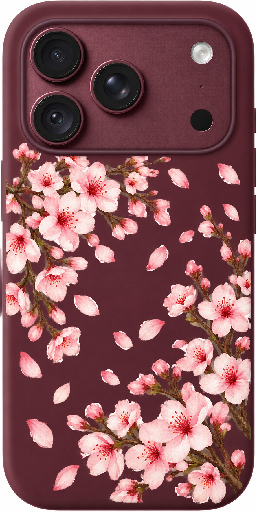 Cherry Blossom Drift iPhone case design preview in Burgundy. Model-specific fit and camera openings vary.