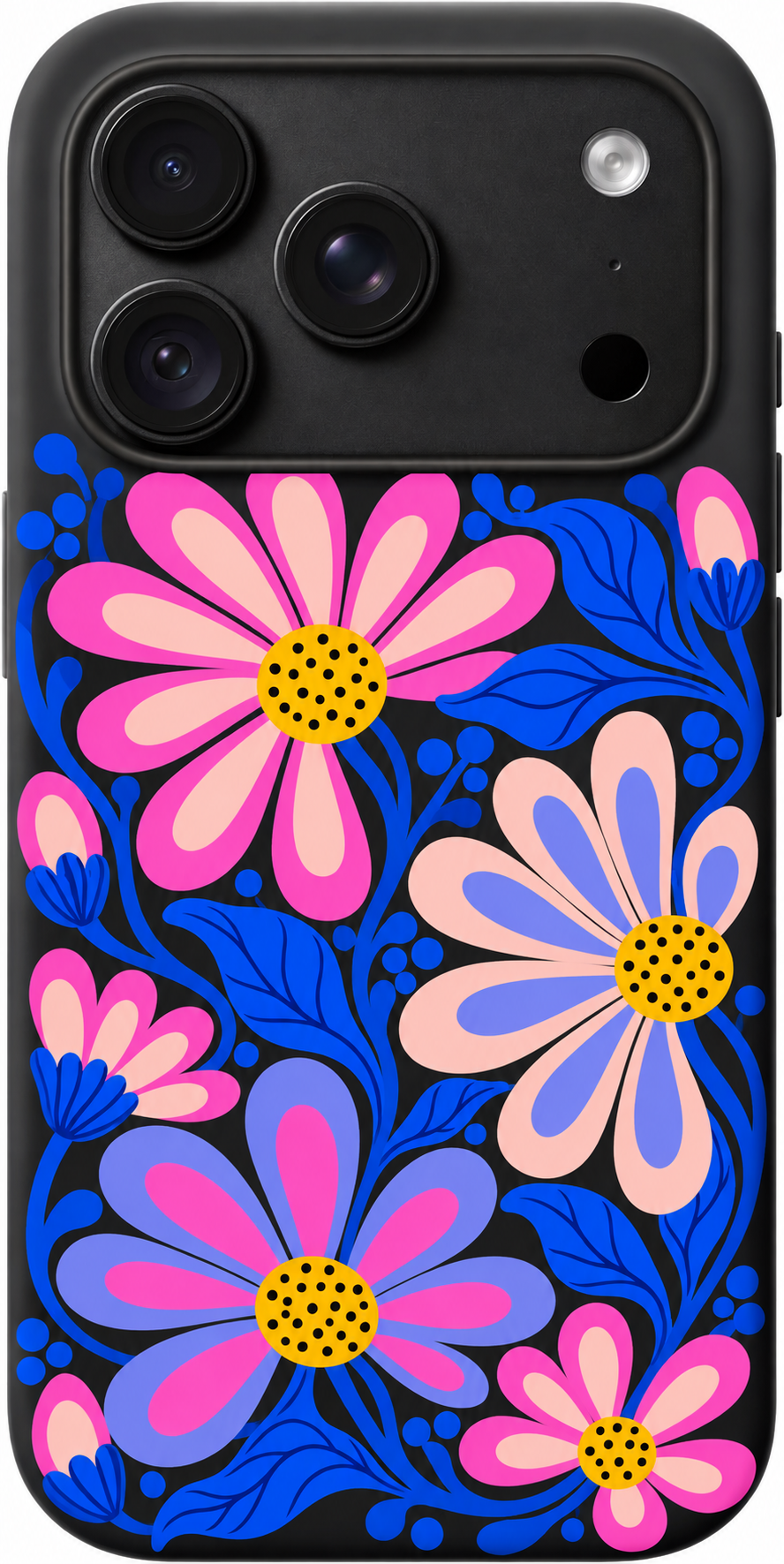Mystic Daisy Dance iPhone case design preview in Black. Model-specific fit and camera openings vary.