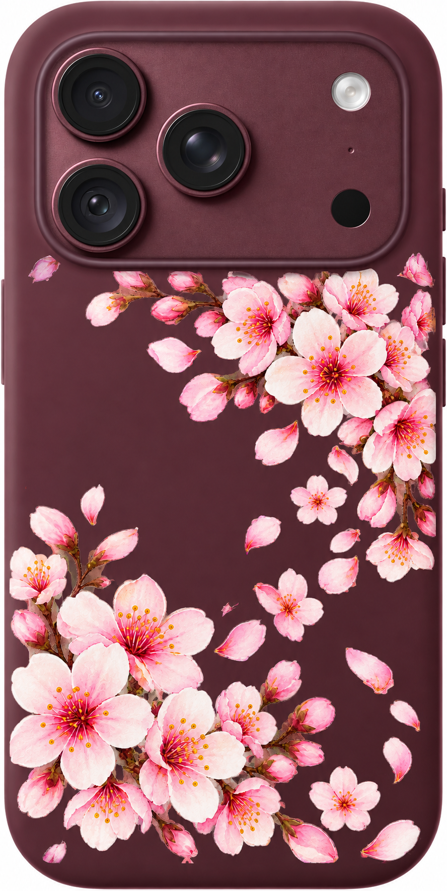 Saturday Sakura Breeze iPhone case design preview in Burgundy. Model-specific fit and camera openings vary.