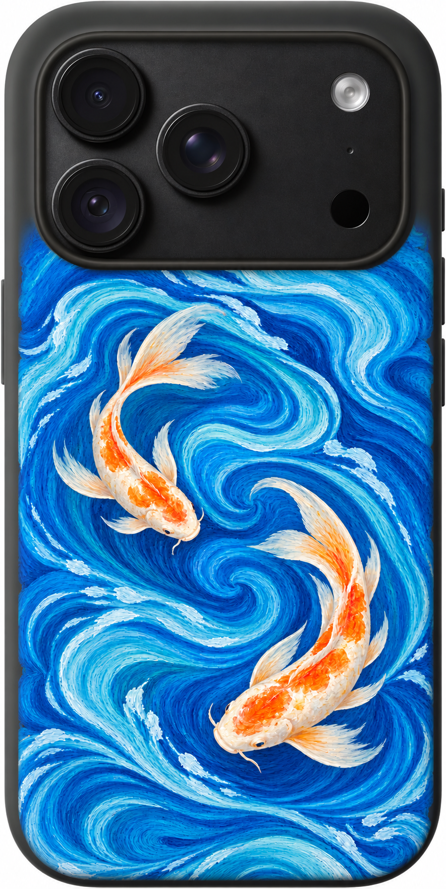 Koi Current iPhone case design preview in Black. Model-specific fit and camera openings vary.