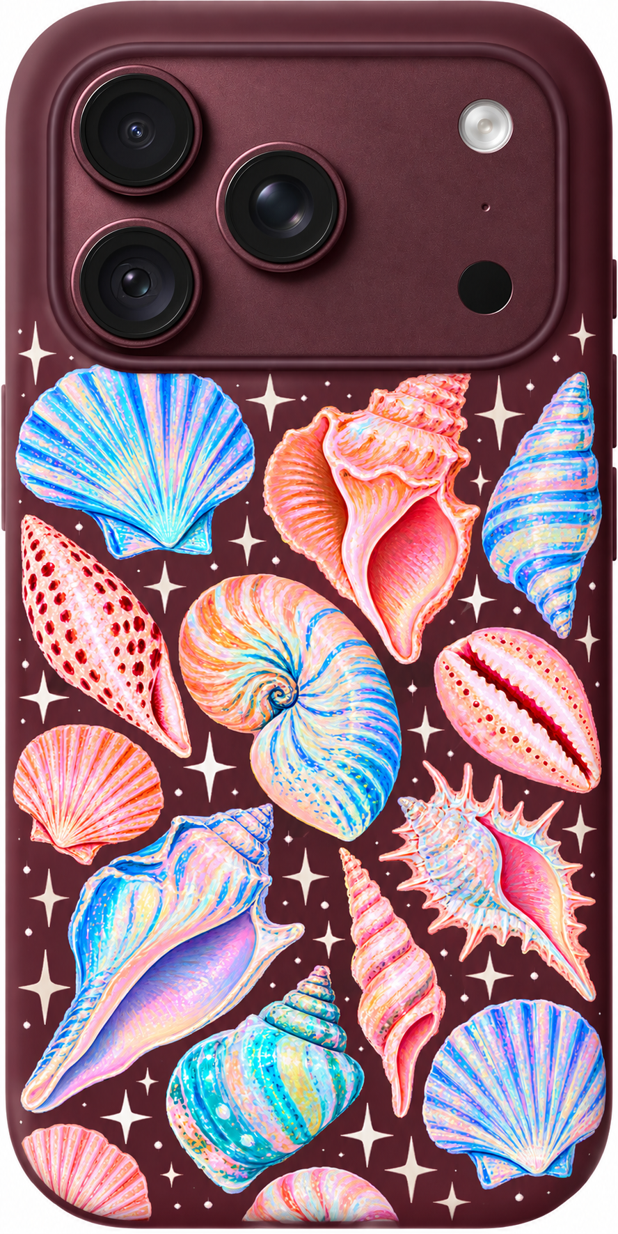 Seashell Aurora iPhone case design preview in Burgundy. Model-specific fit and camera openings vary.