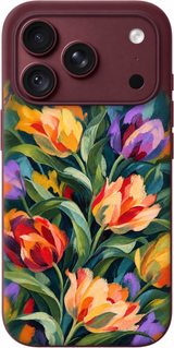 Tulip Reverie iPhone case design preview in Burgundy. Model-specific fit and camera openings vary.