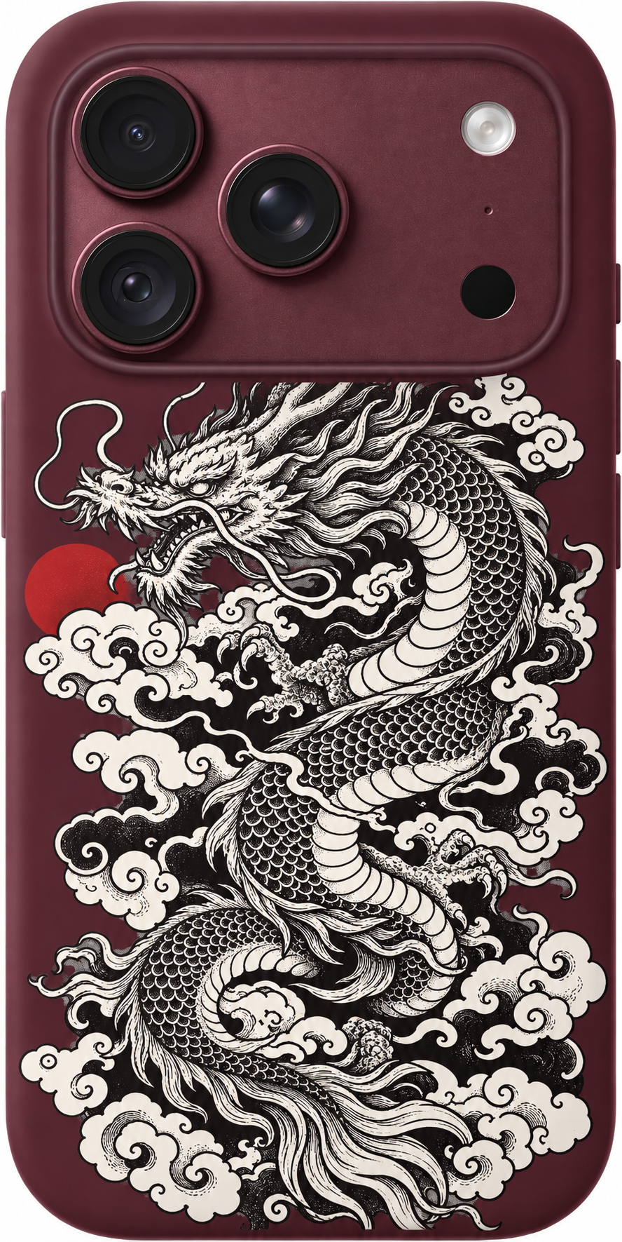 Dragon Ascending iPhone case design preview in Burgundy. Model-specific fit and camera openings vary.