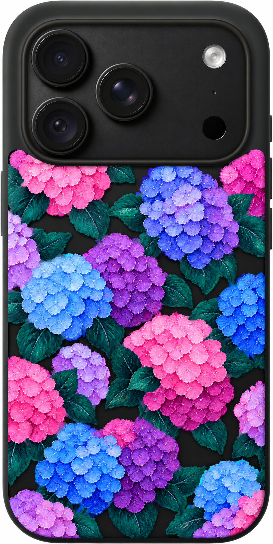 Endless Hydrangea Waltz iPhone case design preview in Black. Model-specific fit and camera openings vary.