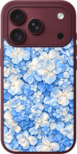 Porcelain Blue Hydrangea iPhone case design preview in Burgundy. Model-specific fit and camera openings vary.