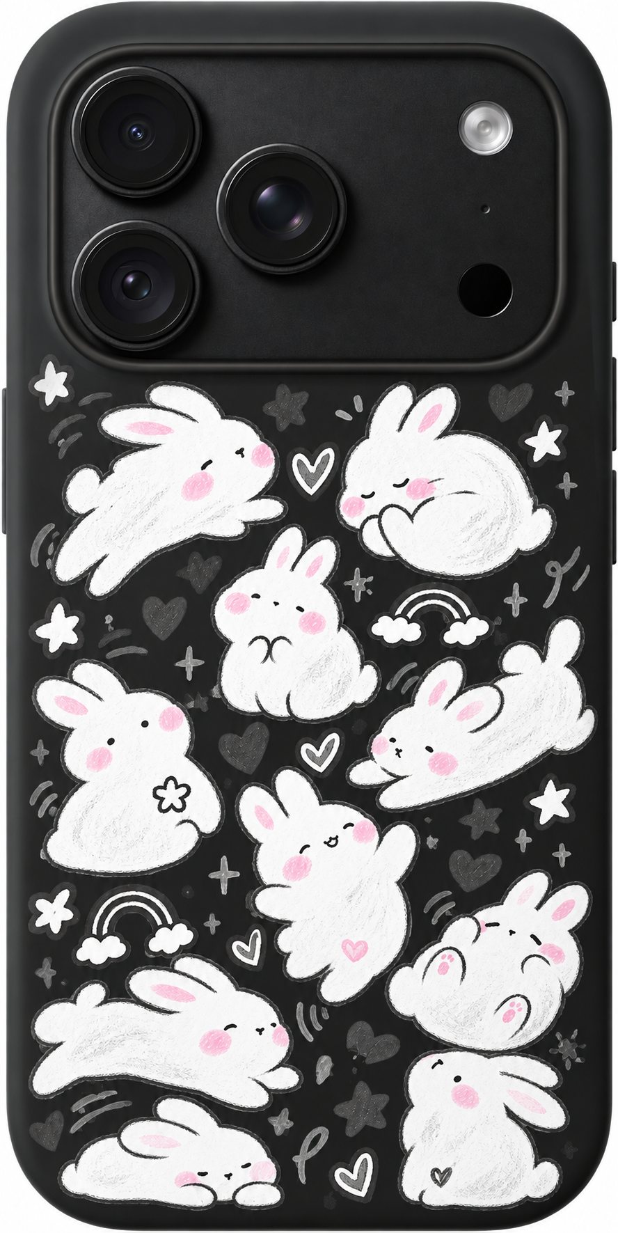 Bunny Cloud Club iPhone case design preview in Black. Model-specific fit and camera openings vary.