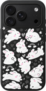 Bunny Cloud Club iPhone case design preview in Black. Model-specific fit and camera openings vary.