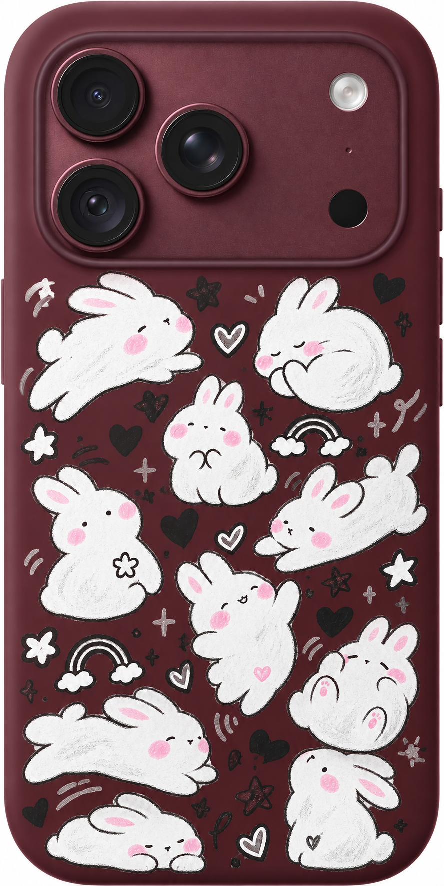 Bunny Cloud Club iPhone case design preview in Burgundy. Model-specific fit and camera openings vary.