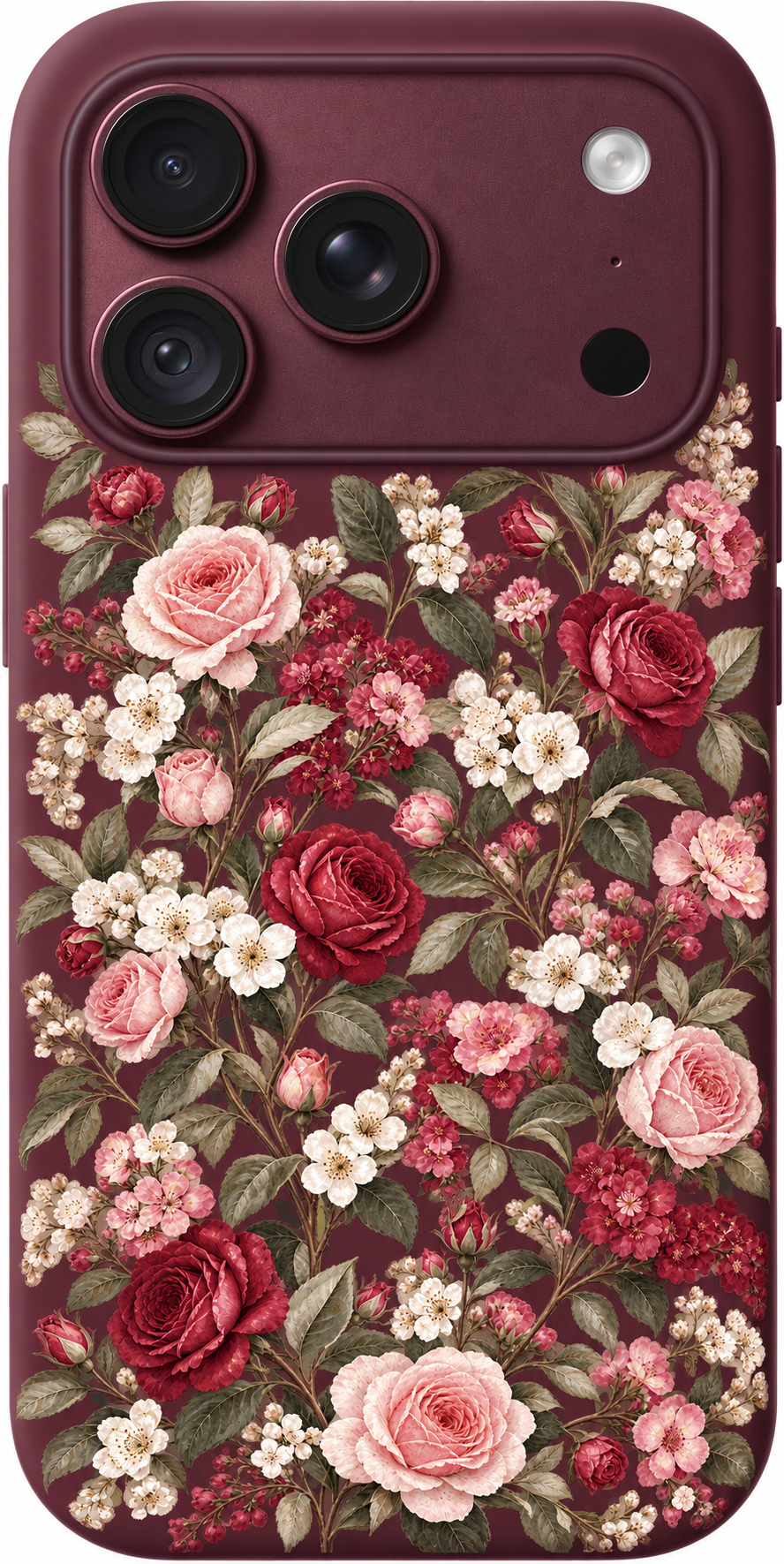 Vintage Flower Stroll iPhone case design preview in Burgundy. Model-specific fit and camera openings vary.