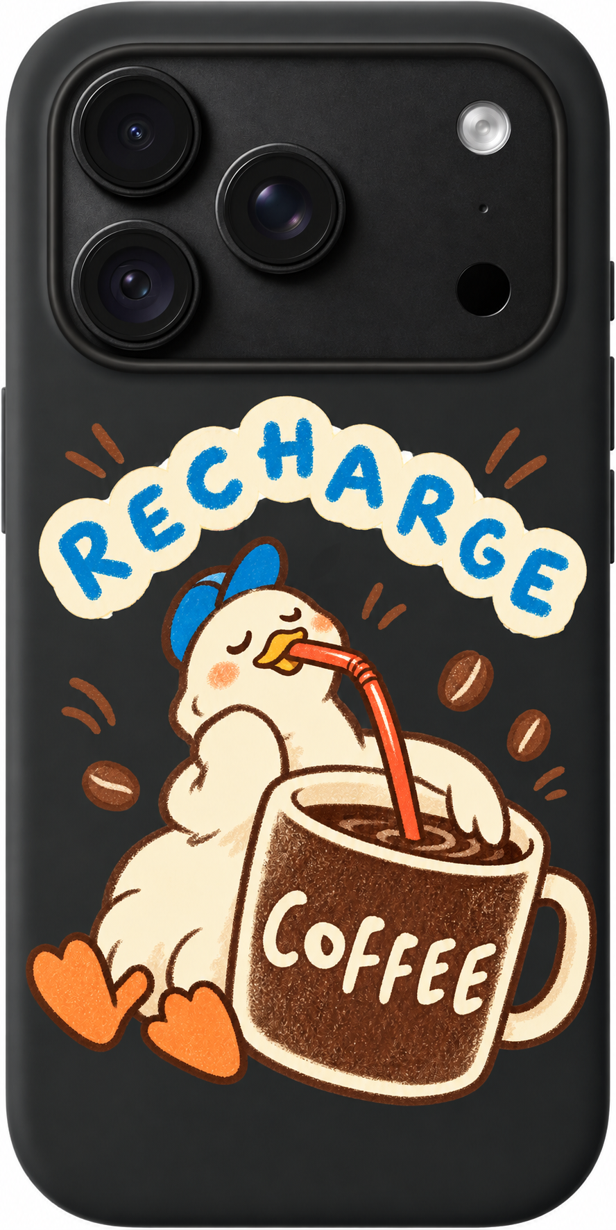 Coffee Recharge iPhone case design preview in Black. Model-specific fit and camera openings vary.