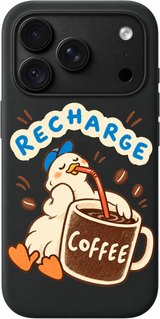 Coffee Recharge iPhone case design preview in Black. Model-specific fit and camera openings vary.