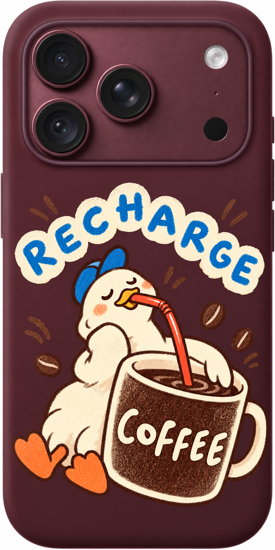 Coffee Recharge iPhone case design preview in Burgundy. Model-specific fit and camera openings vary.