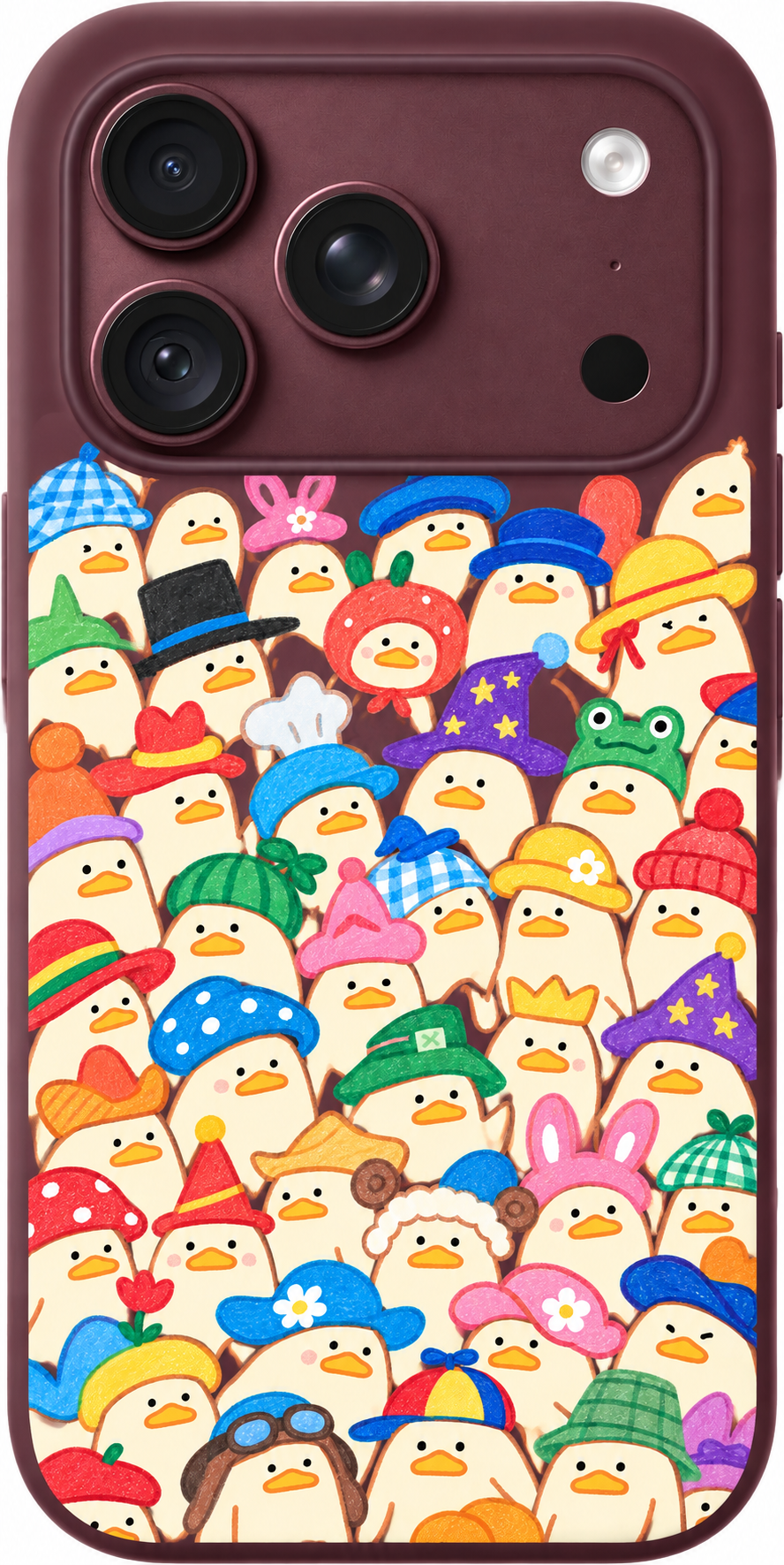 Duck Hat Festival iPhone case design preview in Burgundy. Model-specific fit and camera openings vary.