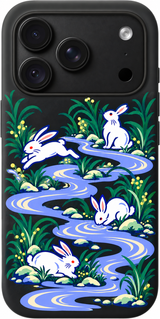 River Rabbit Reverie iPhone case design preview in Black. Model-specific fit and camera openings vary.