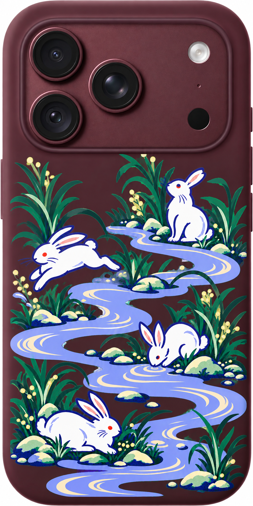River Rabbit Reverie iPhone case design preview in Burgundy. Model-specific fit and camera openings vary.