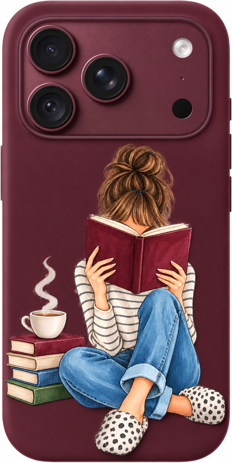 Reading Retreat iPhone case design preview in Burgundy. Model-specific fit and camera openings vary.