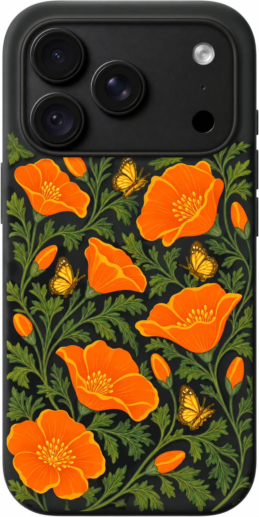 Poppy Daydream iPhone case design preview in Black. Model-specific fit and camera openings vary.