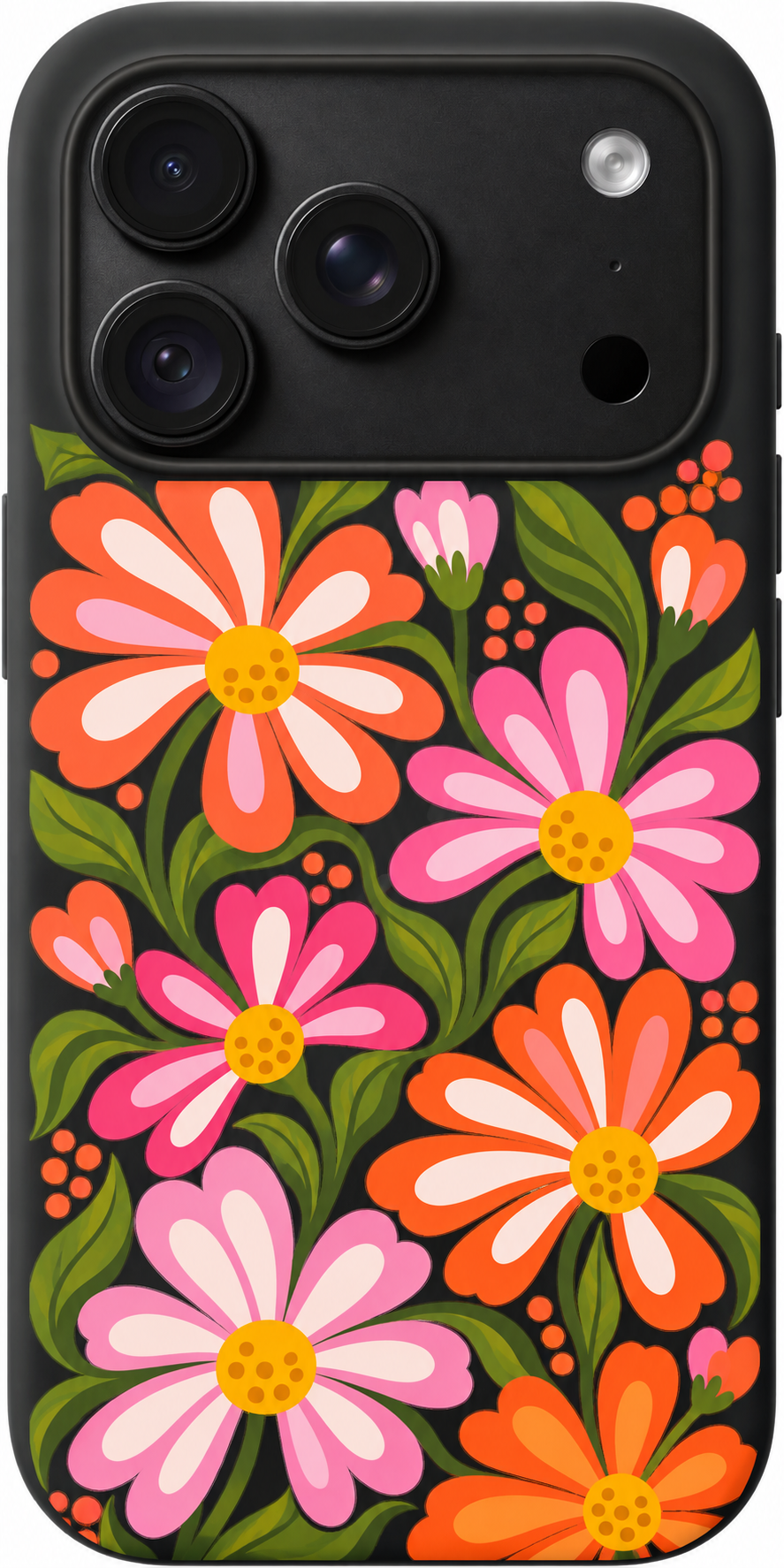 Flores Fiesta iPhone case design preview in Black. Model-specific fit and camera openings vary.