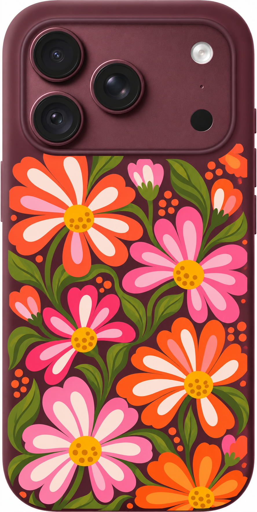 Flores Fiesta iPhone case design preview in Burgundy. Model-specific fit and camera openings vary.