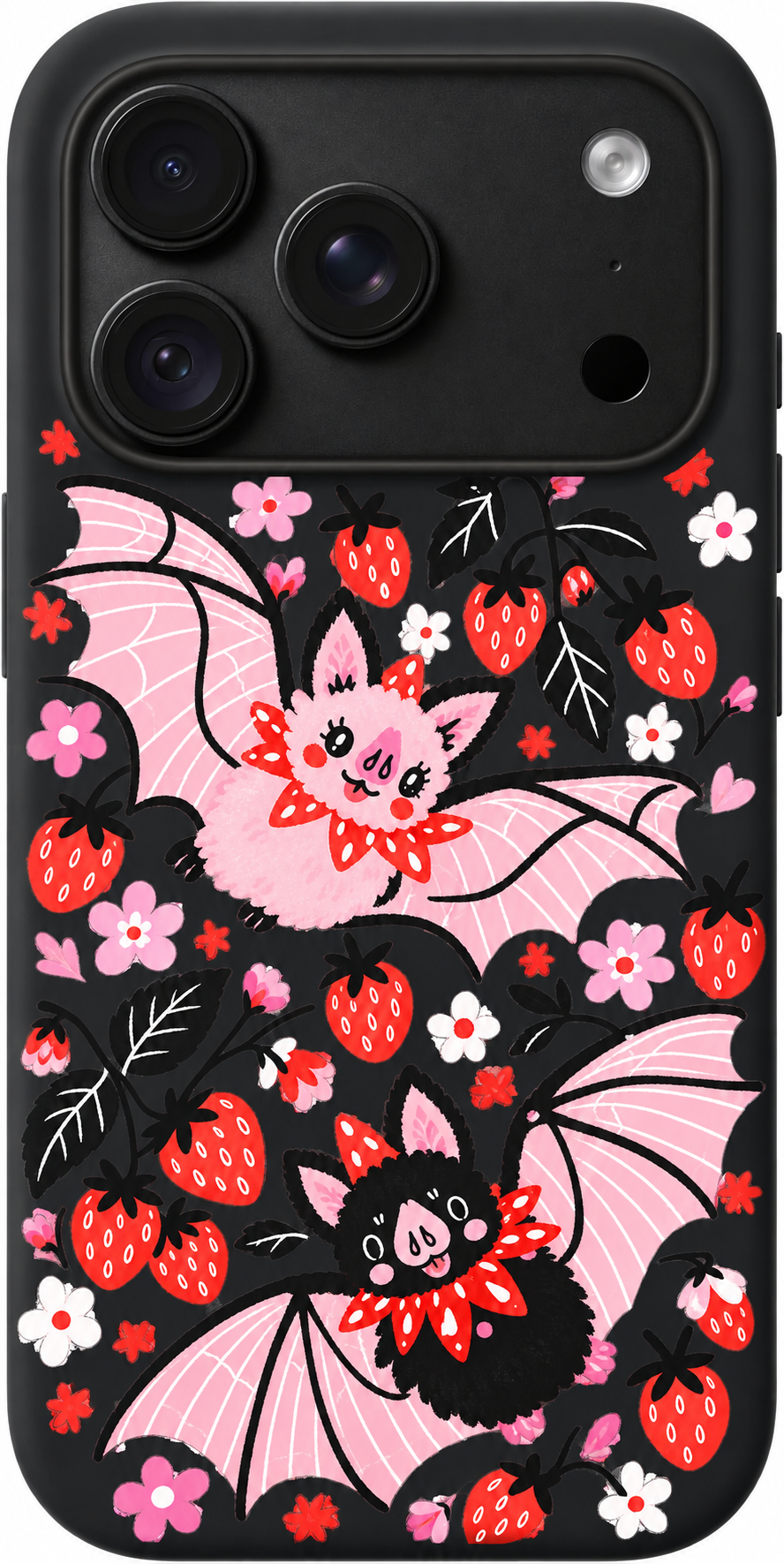 Strawberry Bat Ballet iPhone case design preview in Black. Model-specific fit and camera openings vary.