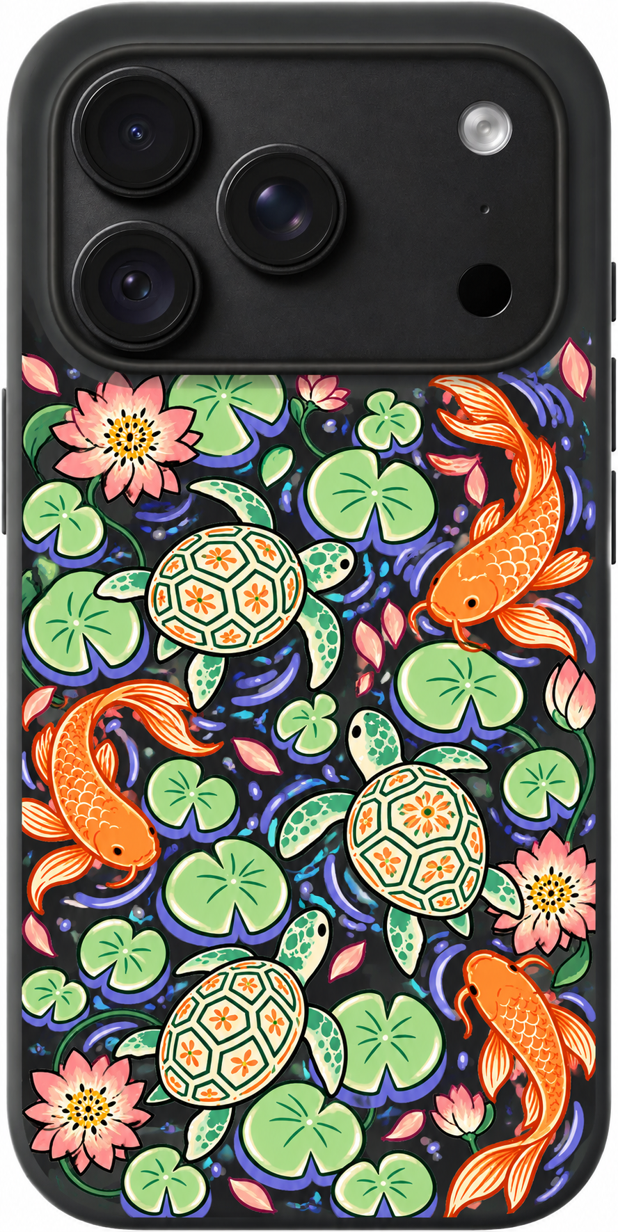 Lily Pond Parade iPhone case design preview in Black. Model-specific fit and camera openings vary.