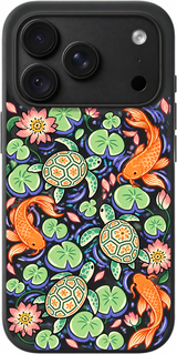 Lily Pond Parade iPhone case design preview in Black. Model-specific fit and camera openings vary.