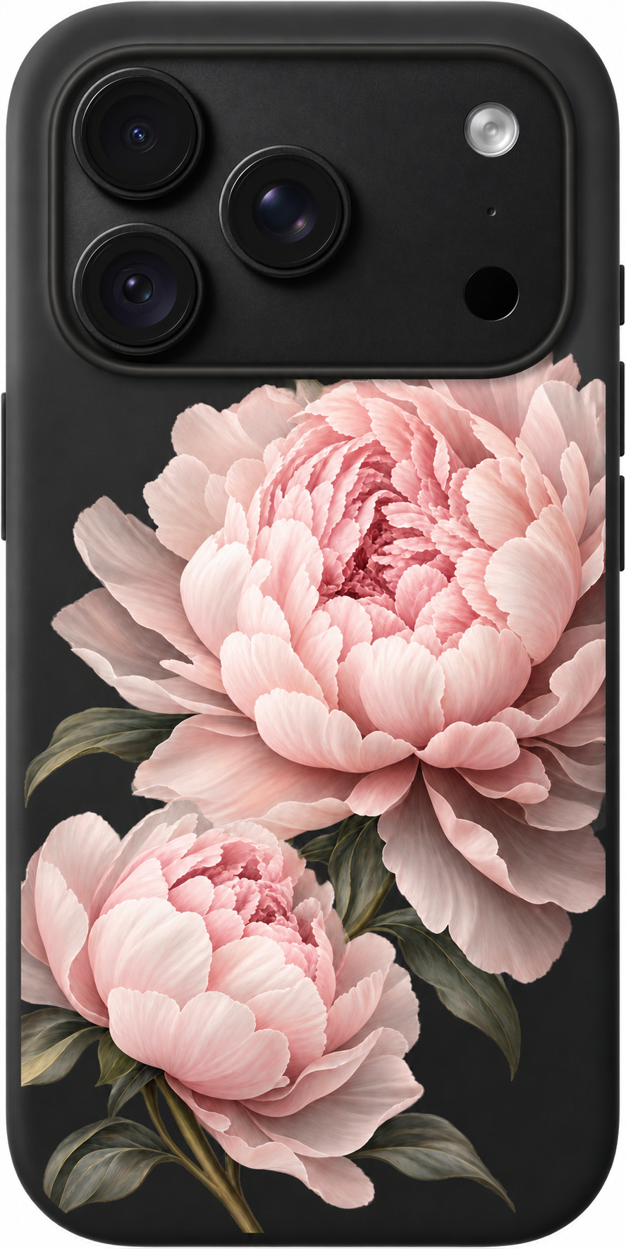 Peony Reverie iPhone case design preview in Black. Model-specific fit and camera openings vary.