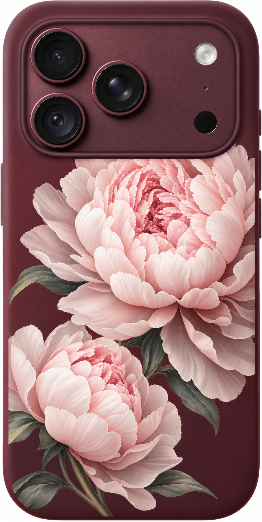 Peony Reverie iPhone case design preview in Burgundy. Model-specific fit and camera openings vary.